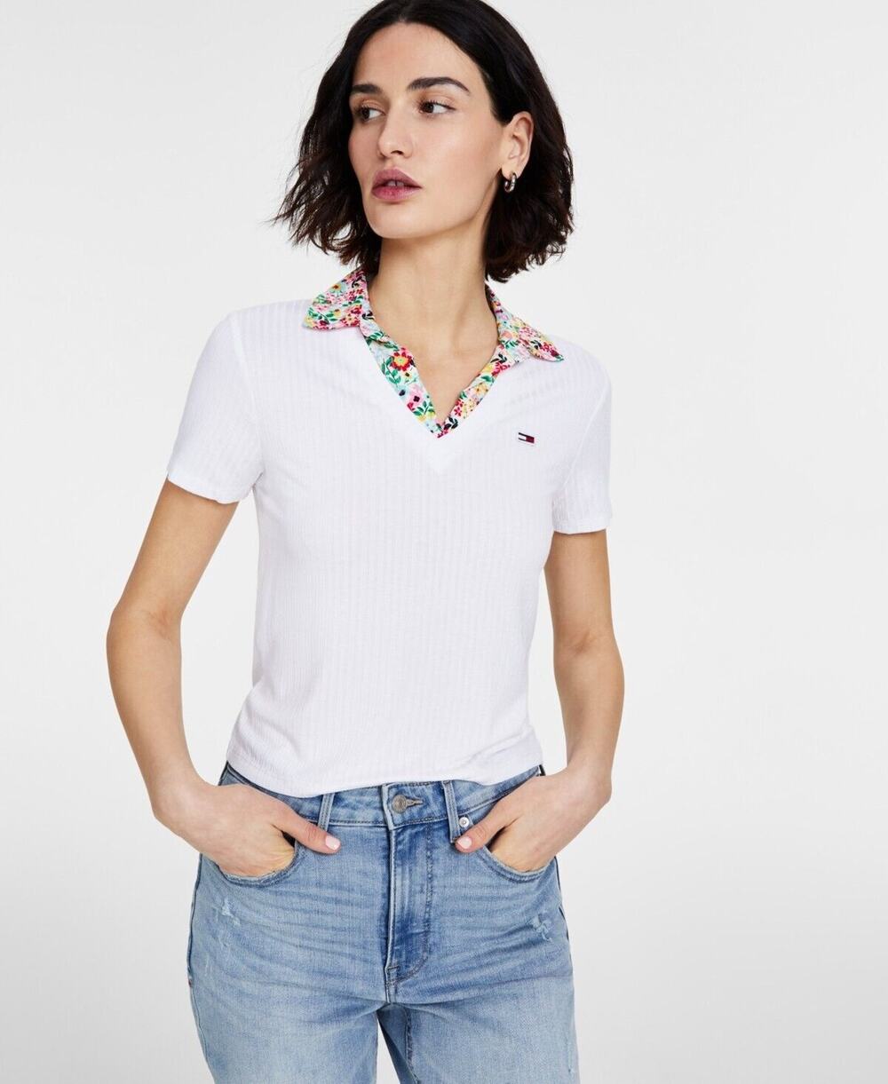 Tommy Hilfiger Shirt Women's Large White Logo Layered-Look Short-Sleeve Top B62